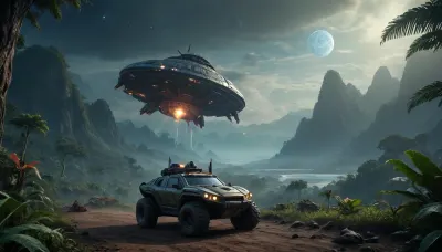 fullcolor image, 8K quality, night, alien planet, fantastic jungles, alien strange landscape, alien ocean, many fantastic animals, some planets satelite visible in sky, small human space cruiser hovering low over the landscape, an armored all-terrain vehicle drives through the jungle towards the mountains