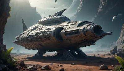 crashed spaceship, alien planet with alien vegetation, sci-fi, Hyperion, battlecruiser, schyperionbc, <lora:Hyperion_Battlecruiser_SDXL_Starcraft:2>