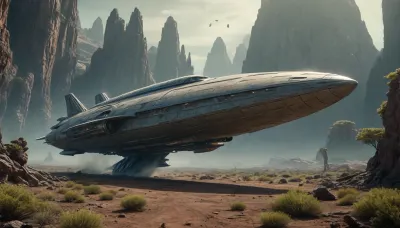 landed elongated human spaceship, alien planet with alien vegetation, sci-fi, Hyperion, battlecruiser, schyperionbc, <lora:Hyperion_Battlecruiser_SDXL_Starcraft:2>