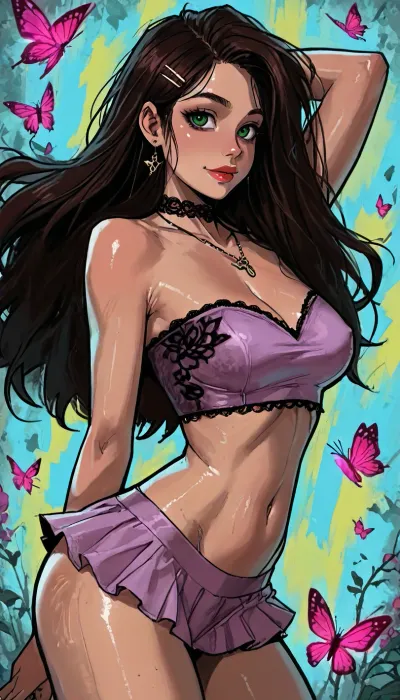 ((Melkor mancin meet markgavatino style)), ((symmetric perfect green eyes)), look at viewer, purple irisdescent, (background psychedelic abstract), (Arabic dark ethnicity:1), muscular small petite, short height, ((Filipina princess in an intricate outfit, high micro skirt)), (portrait pose arched body showing plump ass:1.4), ((huge plump cleavage breasts:1)), wet ass, glowing purple flowers butterflies, (reiq style), Score_9, score_8_up, score_7_up, masterpiece, (1woman, 8k resolution, ultra-detailed), solo, ratatatat74, super thick long hair blowing in the wind, hair clips bangles, bright lipstick, bright eyes, <lora:LCMTurboMix_Euler_A_fix:1.1>, <lora:ratatatat74-000050:1.1>, <lora:EnvyAnimeDigitalPaintingXL01:1.1>, <lora:SDXLSamDoesArts:1.1>, wet thighs, rose, butterflies, necklace choker, subtle small smile, soaking wet lace