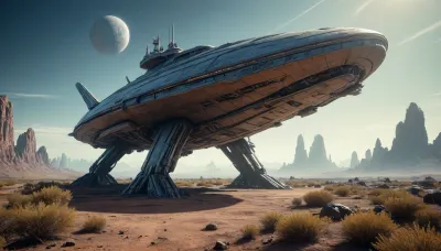landed spaceship, alien planet with alien vegetation, sci-fi, Hyperion, battlecruiser, schyperionbc, <lora:Hyperion_Battlecruiser_SDXL_Starcraft:2>