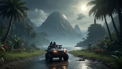 fullcolor image, 8K quality, night, alien planet, fantastic jungles, alien strange landscape, alien ocean, many fantastic animals, some planets satelite visible in sky, small human space hovercraft hovering low over the landscape, an armored all-terrain vehicle drives through the jungle towards the mountains