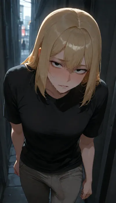 BNHA, (MHA), Hero Prodigy gets a Femboy System, Nao Ichijo, Feminine face, Feminine shoulders, flat chest, Petite arms, Slender legs, Round ass, His blonde hair, so pale it shimmered near silver, and his face both sharp and delicate. Black eyes gleamed beneath furrowed brows. His slender frame—petite, with just a hint of muscle—strained against the black shirt and jeans with visible penis bugle clinging to his sweat-damp skin, his system is activated, cinematic close-up, visible shocked, down dark damp dirty alley, full body surging electrical power magical electric powers visible over skin energy and electricity flowing out of his body