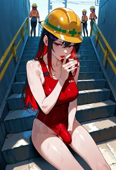 ((slim fit futanari masturbates with one hand)), . Construction supervisor after work. Work clothes. Bare feet. Red nails. Red lips. Sit on stairs site. Wearing a hard hat. Long, two-toned hair. Middle angle. Group masturbates. 5 woman . Group sex. Seduce