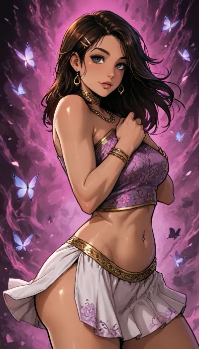 ((Melkor mancin meet markgavatino style)), ((symmetric perfect eyes)), look at viewer, (purple background psychedelic abstract), (Arabic dark skin:1.5), muscular small petite, short height, ((Arabic princess in an intricate outfit, high micro skirt)), (portrait pose arched back plump ass:1.4), ((large plump tits)), glowing purple flowers butterflies, (reiq style), Score_9, score_8_up, score_7_up, masterpiece, (1woman, 8k resolution, ultra-detailed), solo, ratatatat74, super thick long hair blowing in the wind, hair clips bangles, bright lipstick, bright eyes, <lora:LCMTurboMix_Euler_A_fix:1.1>, <lora:ratatatat74-000050:1.1>, <lora:SDXLSamDoesArts:1.1>, wet thighs, rose, butterflies, necklace choker, subtle small smile, ((belly piercing))