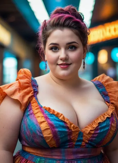 Portrait, Very detailed dress, ruffles, pretty vibrant colors, obese plumper girl, attractive face, wide jawline, updo hair, science fiction, wide standing eyes, teasing smile