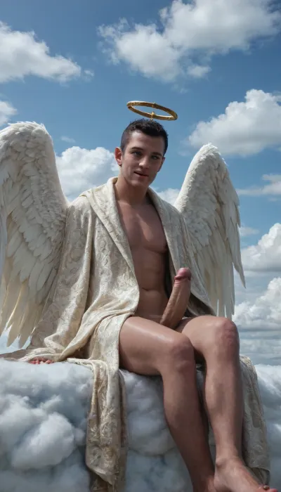 score_9, score_8_up, score_7_up realistic skin texture, detailed skin pores, natural breasts, soft lighting, cinematic lighting A highly detailed, naked, sexy, masculine angel with enormous white wings and, ((((a perfect 15-inch, (1.9 m), long penis ultra detailed, intricate details, (photorealistic:1.2), 8k, UHD, warm side light, contrast, sharp focus, (masterpiece:1.2), detailed eyes, beautiful eyes, hyper detailed skin, The angel casts aside his silk cloak, revealing his divine 15-inch phallus . The angel is proud of his phallus. He sits sensually on a cloud, with perfect hands, a perfect face, perfect legs, perfect feet, ((((a perfect 15-inch penis 1.9))))), a happy look, a silent smile, from below, detailed, eyes, penis, highly detailed environment, 8k, masterpiece, best quality)))