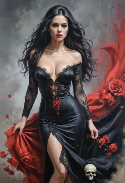 Black and Red Palette, a very detailed full-length oil painting, in the style of John Berkey, beautiful woman, long black hair blowing in the wind, huge natural breasts, huge hips, hourglass body, long gothic dress in black and red satin and lace, skulls, roses, gothic art, fantasy art, with beautiful exotic, full hd, metart, commission for, an oil painting on canvas, competition winner, figurative art, young woman with long dark hair, an airbrush work, <lora:oil painting:2>