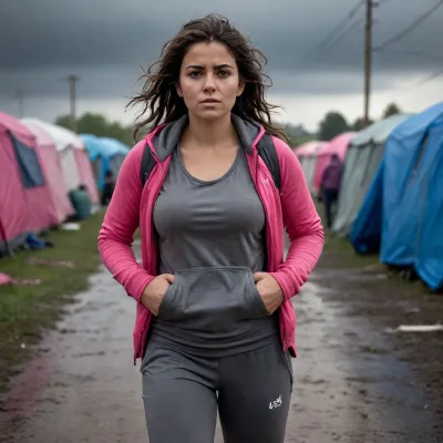 whole body view, high details, dark messy hairs, realistic face, 32 yo, fat hips, grey jogging, tight pink vest, stormy weather, in refugee camp