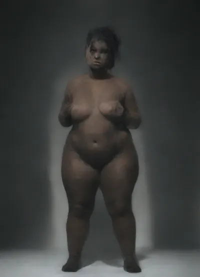African Woman, 25yo, fat, bbw, Chubby, naked, straight black hair, (Very flat chest), small breast, (black skin:3), pink tits, hazel eyes, standing, Full body, looking at the viewer, 4K, white room as a backdrop