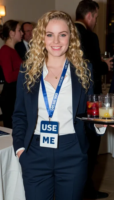 picture of a young Swedish petite woman with curly blonde hair during a reception. She wears a formal pantsuit and holds a tray with drinks. She wears a nametag with huge text "USE ME".