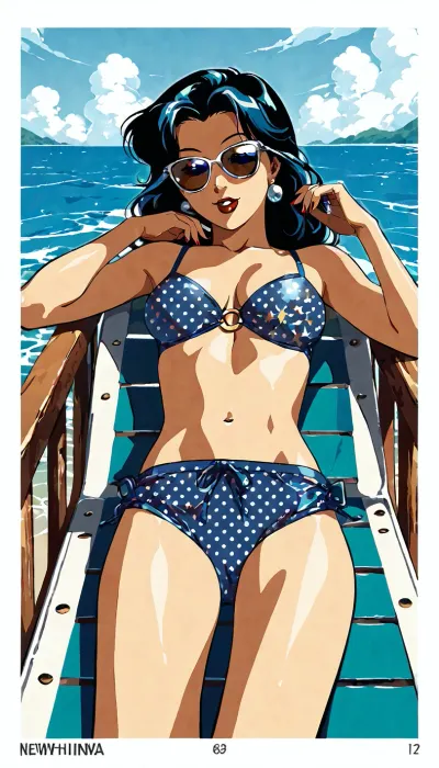 girl sunbathing on the deck of a yacht, sunglasses, relaxed pose, ocean horizon, vintage 1960s comic book style, Ben-Day dots, halftone print texture, flat inks, limited CMYK palette, thick black outlines, dot‑matrix shading, retro offset printing, slight colour misalignment, newsprint texture, bold graphic shapes, classic DC/Marvel aesthetic