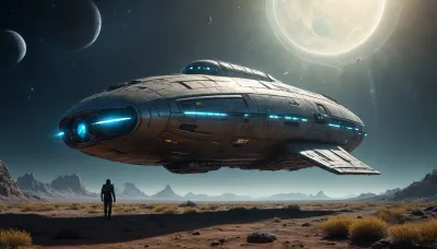elongated human spaceship, floating low over the ground, alien planet with alien vegetation, sci-fi, Hyperion, battlecruiser, schyperionbc, <lora:Hyperion_Battlecruiser_SDXL_Starcraft:2>