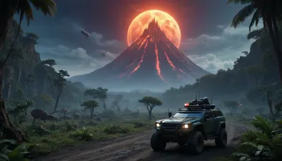 fullcolor image, 8K quality, night, alien planet, fantastic jungles, a volcano background, alien strange landscape, alien ocean, many fantastic animals, some planets satelite visible in sky, small space cruiser hovering low over the landscape, an armored all-terrain vehicle drives through the jungle towards the volcano