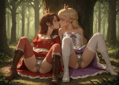 (two young women), (princess and her servant), brown hair, blonde hair, medium breasts, flat chest, wearing, royal dress, modest dress, (vintage boots), knitted thighhighs, sitting in forest, leaning on tree, kiss, (leaking juices:1.3), spread legs, (pricess is wearing wide silver chastity belts under skirts), angry, sad, tired, <lora:thigh_highs_SDXL:.8>