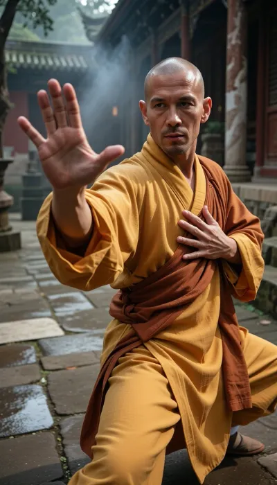 Professional photography, striking photorealism, ultra-detailed, an artistic and evocative cinematic aesthetic. A senior Shaolin monk with a shaved head is practicing Tai Chi Chuan in a secluded courtyard of an ancient, mist-shrouded Shaolin monastery. He wears a traditional, long, flowing saffron-yellow and orange Buddhist robe made of high-quality fabric that gently blows in the breeze. His martial arts posture is frozen in a precise Tai Chi stance, one hand is extended forward with an open, relaxed palm and perfectly formed fingers, while his other hand is held near his chest, palm facing downward, showing flawless skeletal hand anatomy and clear finger separation. His movements are fluid and perfectly controlled, embodying a deep sense of internal spatial awareness. The camera is equipped with an 85mm lens, capturing the sharp focus of the monk's hands and face with a shallow depth of field that softly blurs the background of weathered stone-paved ground and ancient columns. Warm, dramatic golden hour glow casting long shadows. Shot on 35mm film, realistic skin texture, film grain, optimal quality, tranquil harmony.