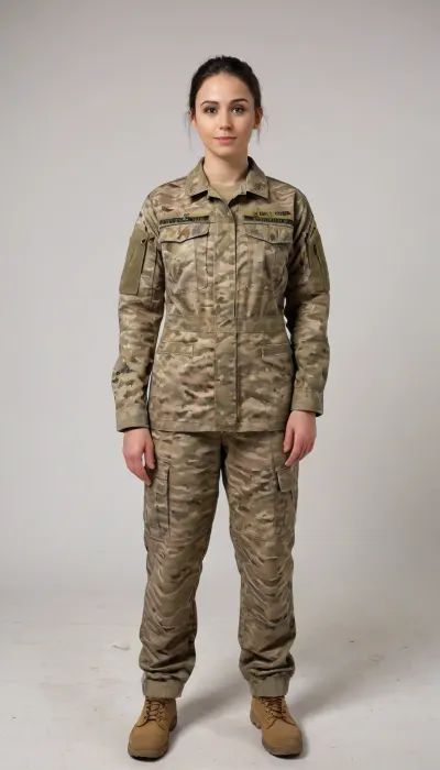 A VERY HIGH QUALITY, SUPER REALISTIC, UNREAL ENGINE, PHOTO-REALISM FULL BODY PICTURE, UHD 8K, ((Wide angle shot, 35mm lens)), Beverly Aadland, WEARING FULL USA 2026 ARMY SOLDIER'S DESERT SUIT, STANDING, HIS HANDS BESIDE HER BODY, 0 DEGREE ANGLE BODY SHOT, FULL SYMMETRY FRONTAL VIEW, ATTENTION POSE, FULL BODY PLEASE, LEGS ARE SHOWEN, FRONT POSE, EYE LEVEL, WHITE BACKGROUND, STUDIO COLD LIGHTING, FULL BODY LENGTH, WIDE PICTURE, portrait, <lora:real-humans-PublicPrompts:.8>, NEGATIVE_HANDS, <lora:Real_People-SDXL:.8>, <lora:boringRealism_primaryV4:.8>, ukruniform22, <lora:UkrLoraXL-000004:.8>