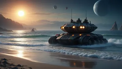 fullcolor image, 8K quality, by night, alien planet, at a beach, alien ocean, many fantastic animals, some planets satelite visible in sky, many hovercraft hovering low over the sea, many armored all-terrain vehicle are landing at the beach, a sea landing operation
