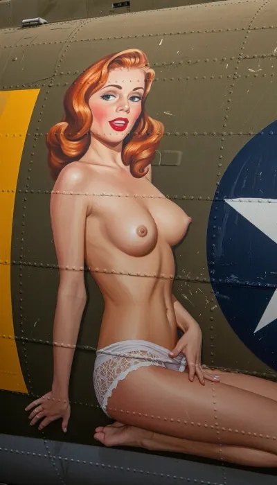 A vibrant and authentic vintage nose art painting stenciled onto the weathered olive-drab aluminum fuselage of a World War II B-17 bomber. The artwork depicts a stunning 20-year-old redhead pin-up girl with a youthful face and exquisite features, painted in a lush oil style with bold brushstrokes. She is posed kneeling in a side profile view, completely topless, with her bare breasts visible from the side. She wears only delicate retro lace lingerie bottoms. She has a playful, knowing expression with classic red lips and perfectly styled retro wavy hair. The painting is framed by metal rivets, panel lines, and weathered zinc-chromate scratches on the aircraft's metallic skin. Vibrant saturated colors, perfect vintage pin-up proportions, bold outlines suitable for military aircraft insignia, and high-contrast lighting that makes the artwork pop against the matte metallic background.