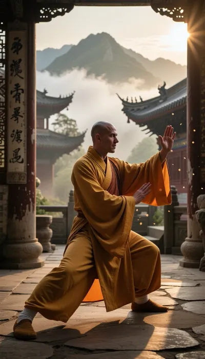 Professional photography, striking photorealism, ultra-detailed, an artistic and evocative cinematic aesthetic. A senior Shaolin monk with a shaved head and a serene, deeply focused expression is practicing Tai Chi Chuan in a secluded courtyard of an ancient, mist-shrouded Shaolin monastery atop a sacred mountain. He is wearing a traditional, long, flowing saffron-yellow and orange Buddhist robe, made of high-quality fabric that gently blows in the breeze and catches the warm, golden light of the early morning sun. His movements are fluid, flexible, and perfectly controlled, embodying a deep sense of internal martial arts focus and spiritual concentration. The camera is equipped with an 85mm lens, capturing the sharp focus of the monk with a shallow depth of field that softly blurs the background. The background features the timeless architecture of the monastery with weathered stone-paved ground, ornate wooden columns, ancient Chinese calligraphic plaques, and distant mountain peaks piercing through rolling sea of clouds. The atmosphere is peaceful, majestic, and sacred, filled with a sense of ancient stillness and quiet contemplation. The lighting is warm and soft, with a dramatic golden hour glow casting long shadows across the courtyard and illuminating the airborne dust motes and gentle mountain mist. Shot on 35mm film, realistic textile texture, visible fabric weave, film grain, optimal quality, tranquil harmony.