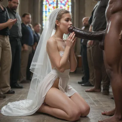 A blonde skinny white bride, flat chested, during a wedding in a crowded church, kneeling. A giant muscular African black man, standing, giant black veiny body sized hyper cock dripping precum. Many people watching blowjob, 6 black cocks, black cocks close up praying.