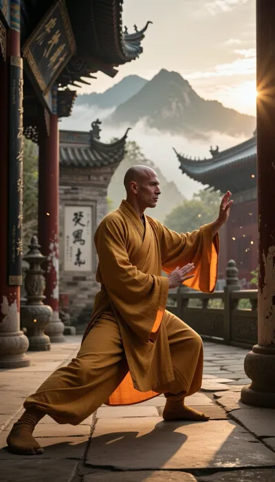 Professional photography, striking photorealism, ultra-detailed, an artistic and evocative cinematic aesthetic. A senior Shaolin monk with a shaved head and a serene, deeply focused expression is practicing Tai Chi Chuan in a secluded courtyard of an ancient, mist-shrouded Shaolin monastery atop a sacred mountain. He is wearing a traditional, long, flowing saffron-yellow and orange Buddhist robe, made of high-quality fabric that gently blows in the breeze and catches the warm, golden light of the early morning sun. His movements are fluid, flexible, and perfectly controlled, embodying a deep sense of internal martial arts focus and spiritual concentration. The camera is equipped with an 85mm lens, capturing the sharp focus of the monk with a shallow depth of field that softly blurs the background. The background features the timeless architecture of the monastery with weathered stone-paved ground, ornate wooden columns, ancient Chinese calligraphic plaques, and distant mountain peaks piercing through rolling sea of clouds. The atmosphere is peaceful, majestic, and sacred, filled with a sense of ancient stillness and quiet contemplation. The lighting is warm and soft, with a dramatic golden hour glow casting long shadows across the courtyard and illuminating the airborne dust motes and gentle mountain mist. Shot on 35mm film, realistic textile texture, visible fabric weave, film grain, optimal quality, tranquil harmony.