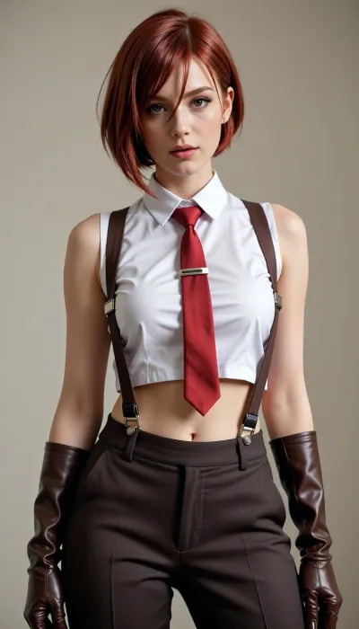 Here is a detailed description of this character's outfit and hair based on the image, ### Hair

* **Style, ** She sports a sleek, modern bob cut that reaches just around her jawline. The hair features a deep side part on her left, causing a long section of her bangs to sweep across her forehead and frame the right side of her face.
* **Color, ** A vibrant, fiery red with rich crimson tones and bright highlights that emphasize its smooth texture.

---

### Outfit

The character wears a sharp, sophisticated ensemble that blends professional formalwear with a sporty, functional edge.

* **Top, ** * A crisp, form-fitting **white sleeveless button-down shirt** with a sharp pointed collar.
* The shirt is styled half-untucked or cropped in a loose "V" shape at the bottom, exposing a small portion of her midriff.


* **Neckwear, ** * A slim, vibrant **red necktie** is tucked neatly beneath the collar.
* It is secured in place with a sleek, metallic **silver tie clip**.


* **Pants & Suspenders, ** * She wears tight, high-waisted **dark brown or charcoal trousers**.
* A pair of matching fabric **suspenders** attach to the waistband of her pants with metallic silver clips, draping loosely over her hips rather than being worn over her shoulders.


* **Gloves, ** * She is wearing short, fitted **dark brown leather gloves** on both hands, perfectly matching her trousers.