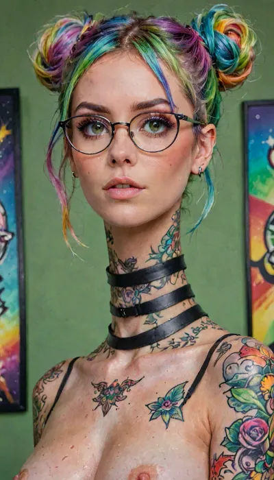 Jack cayless style, Beautiful tattooed woman, standing, sleeve tattoo, (wearing thick glasses and a choker), nude, rainbow coloured hair, messy bun, pretty face, beautiful, cute, pretty, (looking at viewer), rainbow, highlights, futuristic-fantasy-anime, simple green background, <lora:SDXL_rainbow_highlights_Sa_May_V2:1>, <lora:sd_xl_turbo_lora_v1-64dim:1>, <lora:futureistic_fantasy_anime_sdxl_v1:1>, <lora:add-detail-xl:1>