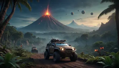 fullcolor image, 8K quality, by night, alien planet, fantastic jungles, a passive volcano in background, alien strange landscape, many fantastic animals, some planets satelite visible in sky, two armored all-terrain vehicle drives through the jungle towards the volcano