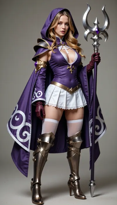 The character wears a stylized, fantasy-inspired habit that combines traditional religious motifs with a battle-ready aesthetic.

* **Top and Hood, ** She wears a deep purple, form-fitting tunic with a low-cut, plunging neckline that reveals a white undergarment with a cross pattern. Attached to the outfit is a large, flowing purple hood and cape-like sleeves that drape dramatically. The sleeves are adorned with white swirling patterns, gold armbands, and a purple gemstone ornament on her right arm.
* **Gloves, ** She wears dark red or maroon gloves on both hands.
* **Bottoms, ** She is wearing a short, white pleated skirt with white lace detailing at the hem, held up by visible garter straps.
* **Legwear and Armor, ** Underneath the skirt, she wears white thigh-high stockings. Her legs are protected by metallic, bronze-colored armor boots that extend above the knee with prominent knee guards and high heels.
* **Weapon/Accessory, ** She is holding a large, silver-colored metallic staff featuring a stylized double-headed crescent cross at the top.

---

### **Hair**

* **Color, ** She has honey-blonde or light golden-brown hair with vibrant highlights.
* **Style and Cut, ** Her hair is long, voluminous, and styled with soft, flowing waves. It features a side-swept fringe, (bangs), that frames her face, with several layered strands resting over her shoulders.