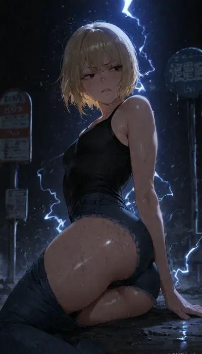 BNHA, (MHA), Hero Prodigy gets a Femboy System. Nao Ichijo, Feminine face, Feminine shoulders, flat chest, Petite arms, Slender legs, Round ass, wearing torn up damaged dirty black shirt with blue jeans with visible penis bulge, His short blonde hair so pale it shimmered near silver and his face both sharp and delicate with Black eyes gleamed beneath furrowed brows and His slender frame petite, with just a hint of muscle strained against the black shirt and slacks clinging to his sweat damp skin. Nao Ichijo staggered toward a flickering bus stop, Then his entire body from head to toe radiates vivid electric energy glowing blue violet lightning pulses across their skin, crackling in sharp jolts around their arms, chest, legs, and face. Their eyes glow white with mystical power, hair lifting slightly from the static energy. The atmosphere feels magical and otherworldly, with sparks dancing through the air, glowing runes faintly visible beneath their feet, and waves of electricity illuminating the surrounding darkness.