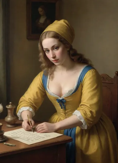 Woman writing a letter by Johannes Vermeer, painted in the style of Johannes Vermeer, wearing yellow medieval dress, revealing breasts bulging out of her dress, pulled down dress, huge breasts, writing with feather quill, closeup view, <lora:vintage_illust:.5>