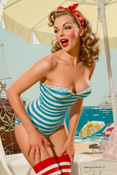 A highly detailed, authentic vintage illustration of a stunning American pin-up girl, rendered in the style of Gil Elvgren and Alberto Vargas. She sports voluminous curly ‘Victory Roll’ locks with a red bandana, classic 1950s-style matte red lips and eyeliner with ‘cat-eye’ wings. She is wearing a blue and white striped high-waisted swimsuit with a sweetheart neckline, playfully adjusting her red and white striped knee-highs with her hands. Her expression is flirtatious, joyful and surprised as she glances over her shoulder at the viewer. Set against a backdrop of a sea breeze, a ship and a beach with parasols. Soft retro studio lighting, warm pastel and bright colours, delicate vintage paper texture, classic magazine cover design, a masterpiece, high resolution.