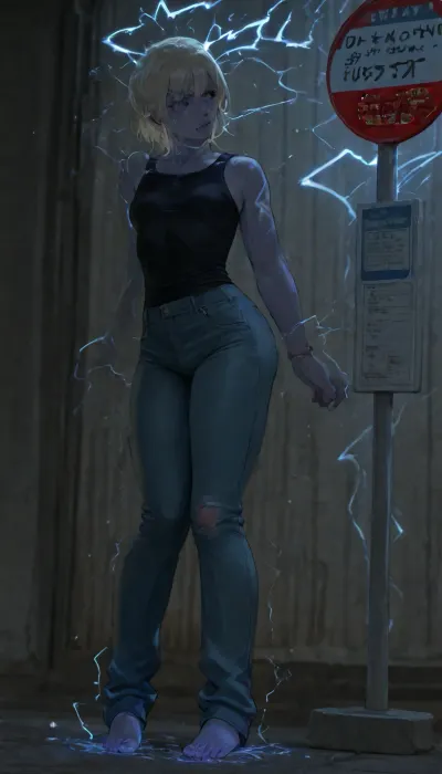 BNHA, (MHA), Hero Prodigy gets a Femboy System. Nao Ichijo, Feminine face, Feminine shoulders, flat chest, Petite arms, Slender legs, Round ass, wearing torn up damaged dirty black shirt with blue jeans with visible penis bulge, His short blonde hair so pale it shimmered near silver and his face both sharp and delicate with Black eyes gleamed beneath furrowed brows and His slender frame petite, with just a hint of muscle strained against the black shirt and slacks clinging to his sweat damp skin. Nao Ichijo staggered toward a flickering bus stop, Then his entire body from head to toe radiates vivid electric energy glowing blue violet lightning pulses across their skin, crackling in sharp jolts around their arms, chest, legs, and face. Their eyes glow white with mystical power, hair lifting slightly from the static energy. The atmosphere feels magical and otherworldly, with sparks dancing through the air, glowing runes faintly visible beneath their feet, and waves of electricity illuminating the surrounding darkness.