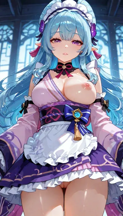 (Glossy liner hentai style:1.8), Yumemizuki Mizuki from Genshin Impact, she is a petite and playful young woman with a soft dreamlike appearance inspired by yokai and traditional Japanese aesthetics. She wears a pastel pink, and purple kimono-inspired outfit with oversized flowing sleeves, ribbon ornaments, frilled details, and a short layered skirt with a whimsical fantasy design. Her eyes are large and pinkish-magenta with a gentle sleepy expression. Her hair is long, light aqua-blue fading into pale cyan, styled with soft curls and fluffy layered bangs, decorated with purple ribbons, ornamental hairpieces, and a frilled maid-like headband. She also has pointed elf-like ears and small glowing dream-themed accessories that give her a mystical, mischievous charm.she is standing, slim fit body, low angle, view from below. background fits the girl style, showing off her body, glowing with a confident, alluring look. elastic tits, one breast is naked, one breast out, visible pussy, vagina, pussy cutout, looking at viewer, genshin impact, detached sleeves, Yumemizuki, mizuki, 1, girl, purple, eyes, blue, hair, long, heart, ornament, bow, kimono, white, brim, <lora:add-detail-xl:1.2>, <lora:attractive_notrigger:1.2>, <lora:detailed_notrigger:1.2>, <lora:LCMTurboMix_Euler_A_fix:1.2>, <lora:Yumemizuki mizuki:.8>