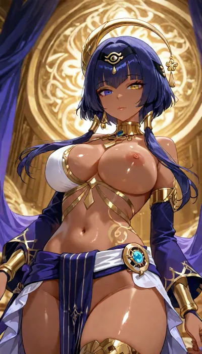 (Glossy liner hentai style:1.8), Candace from Genshin Impact, she is a tall athletic woman with warm tan skin and an elegant desert-warrior appearance inspired by ancient Egyptian aesthetics. She wears a white-and-deep-indigo outfit with gold ornaments, including a fitted asymmetrical top, flowing fabric sashes, arm bands, and layered skirt-like cloth pieces decorated with geometric patterns and star motifs. Her eyes are heterochromatic, with one golden-yellow eye and one vivid indigo-blue eye, giving her a mystical presence. Her hair is dark indigo-blue, cut in a short bob with long side locks and a high flowing ponytail-like extension, adorned with gold accessories, dangling jewels, and a crescent-shaped headpiece that frames her head like a halo.she is standing, slim fit body, low angle, view from below. background fits the girl style, showing off her body, glowing with a confident, alluring look. elastic tits, one breast is naked, one breast out, golden fitting tattoo above her pussy, visible pussy, vagina, pussy cutout, looking at viewer, genshin impact, detached sleeves, zzCandace, bangs, hair, ornament, yellow, sidelocks, dark, skin, heterochromia, short, with, long, locks, eye, of, horus, navel, jewelry, detached, sleeves, nail, polish, egyptian, clothes, <lora:CandaceGenshinIXL:1.2>, <lora:add-detail-xl:1.2>, <lora:attractive_notrigger:1.2>, <lora:detailed_notrigger:1.2>, <lora:LCMTurboMix_Euler_A_fix:1.2>