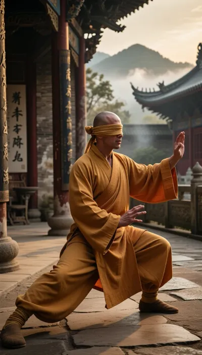 Professional photography, striking photorealism, ultra-detailed, an artistic and evocative cinematic aesthetic. A senior Shaolin monk with a shaved head is practicing Tai Chi Chuan in a secluded courtyard of an ancient, mist-shrouded Shaolin monastery. He is blind, with his eyes completely covered by a simple, traditional martial arts blindfold made of a strip of plain, weathered saffron-yellow cloth tied securely around his head. The cloth of the blindfold matches his robes and has a realistic woven texture. He wears a traditional, long, flowing saffron-yellow and orange Buddhist robe made of high-quality fabric that gently blows in the breeze and catches the warm, golden light of the early morning sun. His movements are fluid, flexible, and perfectly controlled, embodying a deep sense of internal martial arts focus, spatial awareness, and spiritual concentration. The camera is equipped with an 85mm lens, capturing the sharp focus of the monk with a shallow depth of field that softly blurs the background. The background features the timeless architecture of the monastery with weathered stone-paved ground, ornate wooden columns, ancient Chinese calligraphic plaques, and distant mountain peaks piercing through rolling sea of clouds. The atmosphere is peaceful, majestic, and sacred. The lighting is warm and soft, with a dramatic golden hour glow casting long shadows across the courtyard. Shot on 35mm film, realistic textile texture, visible fabric weave, film grain, optimal quality, tranquil harmony.