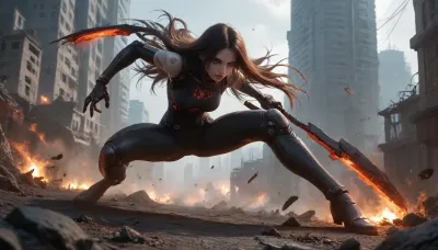 evil face, long hair, destroyed city, megatown, ai appearance, cyborg, body modifications, enhancements, full body shot, fighting pose