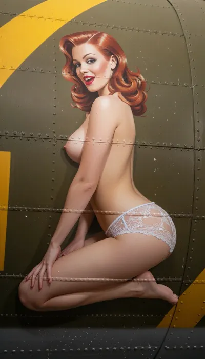 A vibrant and authentic vintage nose art painting stenciled onto the weathered olive-drab aluminum fuselage of a World War II B-17 bomber, captured in a slightly closer medium shot to emphasize the details. The artwork depicts a stunning 20-year-old redhead pin-up girl with a youthful face and exquisite features, painted in a lush oil style with bold brushstrokes. She is posed kneeling in a side profile view, completely topless, with her bare breasts visible from the side. She wears only delicate retro lace lingerie bottoms. She has a playful, knowing expression with classic red lips and perfectly styled retro wavy hair. The framing is focused from the waist up to just below her knees, bringing the viewer closer to the artwork while perfectly maintaining the kneeling profile pose. The painting is framed by metal rivets, panel lines, and weathered zinc-chromate scratches on the aircraft's metallic skin. Vibrant saturated colors, perfect vintage pin-up proportions, bold outlines suitable for military aircraft insignia, and high-contrast lighting.