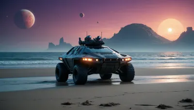 fullcolor image, 8K quality, by night, alien planet, at a beach, alien ocean, an alien city in the ocean in background, many fantastic animals, some planets satelite visible in sky, hovercraft hovering low over the see, an armored all-terrain vehicle stands at the beach