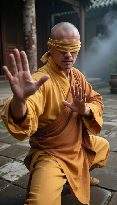 Professional photography, striking photorealism, ultra-detailed, an artistic and evocative cinematic aesthetic. A senior Shaolin monk with a shaved head is practicing Tai Chi Chuan in a secluded courtyard of an ancient, mist-shrouded Shaolin monastery. He is blind, with his eyes completely covered by a simple, traditional martial arts blindfold made of a strip of plain, weathered saffron-yellow cloth tied securely around his head. He wears a traditional, long, flowing saffron-yellow and orange Buddhist robe made of high-quality fabric that gently blows in the breeze. His martial arts posture is frozen in a precise Tai Chi stance, one hand is extended forward with an open, relaxed palm and perfectly formed fingers, while his other hand is held near his chest, palm facing downward, showing flawless skeletal hand anatomy and clear finger separation. His movements are fluid and perfectly controlled, embodying a deep sense of internal spatial awareness. The camera is equipped with an 85mm lens, capturing the sharp focus of the monk's hands and face with a shallow depth of field that softly blurs the background of weathered stone-paved ground and ancient columns. Warm, dramatic golden hour glow casting long shadows. Shot on 35mm film, realistic skin texture, film grain, optimal quality, tranquil harmony.