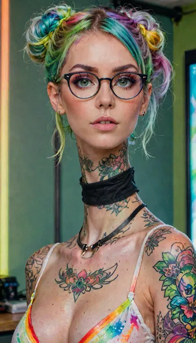 Jack cayless style, Beautiful tattooed woman, standing, sleeve tattoo, (wearing thick glasses and a choker), dressed in see through negligee, rainbow coloured hair, messy bun, pretty face, beautiful, cute, pretty, (looking at viewer), rainbow, highlights, futuristic-fantasy-anime, simple green background, <lora:SDXL_rainbow_highlights_Sa_May_V2:1>, <lora:sd_xl_turbo_lora_v1-64dim:1>, <lora:futureistic_fantasy_anime_sdxl_v1:1>, <lora:add-detail-xl:1>