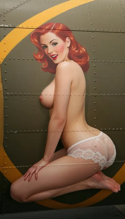 A vibrant and authentic vintage nose art painting stenciled onto the weathered olive-drab aluminum fuselage of a World War II B-17 bomber. The artwork depicts a stunning 20-year-old redhead pin-up woman with a youthful face and exquisite features, painted in a lush oil style with bold brushstrokes. She is posed kneeling in a side profile view, completely topless, with her bare breasts visible from the side. She wears only delicate retro lace lingerie bottoms. She has a playful, knowing expression with classic red lips and perfectly styled retro wavy hair. The painting is framed by metal rivets, panel lines, and weathered zinc-chromate scratches on the aircraft's metallic skin. Vibrant saturated colors, perfect vintage pin-up proportions, bold outlines suitable for military aircraft insignia, and high-contrast lighting that makes the artwork pop against the matte metallic background.