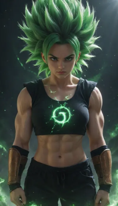Kale from Dragon Ball Super, legendary Super Saiyan aura, wild long green hair, fierce expression, powerful female Saiyan warrior, dynamic battle pose, green energy aura exploding вокруг her, muscular and heroic build, detailed anime style, dramatic lighting, cosmic background, high detail, vibrant colors, epic composition