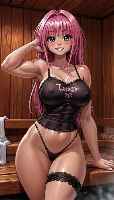 (innv meets jack cayless style:1.2), (hentai anime style:1.2), (reiq style:1.2), (masterpiece:1.2), masterpiece, cel-shaded, limited color palette, ((beautiful perfect sexy Lala from To Love Ru body:1.6)), solo, alone, (big curves muscles body), (happy face, big perfect breast, muscles body, muscles arms, perfect muscles legs, muscles ass, pink hair long, hard Naples, sweaty body, bbw), ((Lovely Lace Garter Camisole Lingerie underwear)), (playful front faceing pose), (inside, sauna, hotel), lala, hair, green, eyes, breasts, puffy, <lora:LCMTurboMix_Euler_A_fix:1.6>, <lora:EnvyCuteXL01v12:1.6>, <lora:EnvyAnimeDigitalPaintingXL01:1.6>, <lora:EnvyCuteSliderXL01:1.6>, <lora:lala_satalin_deviluke_xl(animagine)_v1:2>