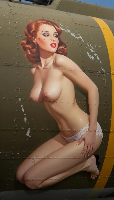 A vibrant and authentic vintage nose art painting stenciled onto the weathered olive-drab aluminum fuselage of a World War II B-17 bomber, captured in a slightly closer medium shot to emphasize the details. The artwork depicts a stunning 20-year-old redhead pin-up girl with a youthful face and exquisite features, painted in a lush oil style with bold brushstrokes. She is posed kneeling in a side profile view, completely topless, with her bare breasts visible from the side. She wears only delicate retro lace lingerie bottoms. She has a playful, knowing expression with classic red lips and perfectly styled retro wavy hair. The framing is focused from the waist up to just below her knees, bringing the viewer closer to the artwork while perfectly maintaining the kneeling profile pose. The painting is framed by metal rivets, panel lines, and weathered zinc-chromate scratches on the aircraft's metallic skin. Vibrant saturated colors, perfect vintage pin-up proportions, bold outlines suitable for military aircraft insignia, and high-contrast lighting.