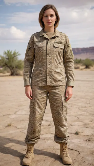 A VERY HIGH QUALITY, SUPER REALISTIC, UNREAL ENGINE, PHOTO-REALISM FULL BODY PICTURE, UHD 8K, ((Wide angle shot, 35mm lens)), Beverly Aadland, WEARING FULL USA 2026 ARMY SOLDIER'S DESERT SUIT, STANDING, HIS HANDS BESIDE HER BODY, 0 DEGREE ANGLE BODY SHOT, FULL SYMMETRY FRONTAL VIEW, ATTENTION POSE, FULL BODY PLEASE, LEGS ARE SHOWEN, FRONT POSE, EYE LEVEL, WHITE BACKGROUND, STUDIO COLD LIGHTING, FULL BODY LENGTH, WIDE PICTURE, portrait, <lora:real-humans-PublicPrompts:.8>, NEGATIVE_HANDS, <lora:Real_People-SDXL:.8>, <lora:boringRealism_primaryV4:.8>, ukruniform22, <lora:UkrLoraXL-000004:.8>