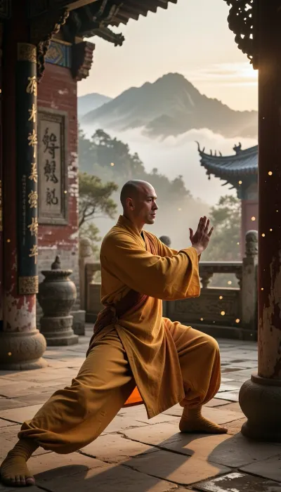 Professional photography, striking photorealism, ultra-detailed, an artistic and evocative cinematic aesthetic. A senior Shaolin monk with a shaved head and a serene, deeply focused expression is practicing Tai Chi Chuan in a secluded courtyard of an ancient, mist-shrouded Shaolin monastery atop a sacred mountain. He is wearing a traditional, long, flowing saffron-yellow and orange Buddhist robe, made of high-quality fabric that gently blows in the breeze and catches the warm, golden light of the early morning sun. His movements are fluid, flexible, and perfectly controlled, embodying a deep sense of internal martial arts focus and spiritual concentration. The camera is equipped with an 85mm lens, capturing the sharp focus of the monk with a shallow depth of field that softly blurs the background. The background features the timeless architecture of the monastery with weathered stone-paved ground, ornate wooden columns, ancient Chinese calligraphic plaques, and distant mountain peaks piercing through rolling sea of clouds. The atmosphere is peaceful, majestic, and sacred, filled with a sense of ancient stillness and quiet contemplation. The lighting is warm and soft, with a dramatic golden hour glow casting long shadows across the courtyard and illuminating the airborne dust motes and gentle mountain mist. Shot on 35mm film, realistic textile texture, visible fabric weave, film grain, optimal quality, tranquil harmony.