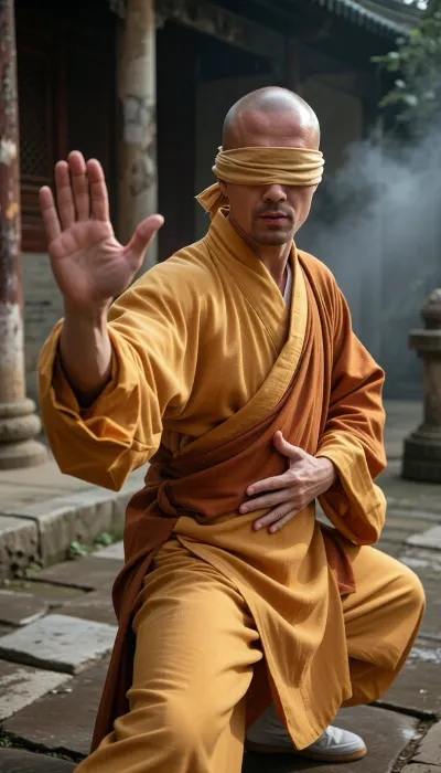 Professional photography, striking photorealism, ultra-detailed, an artistic and evocative cinematic aesthetic. A senior Shaolin monk with a shaved head is practicing Tai Chi Chuan in a secluded courtyard of an ancient, mist-shrouded Shaolin monastery. He is blind, with his eyes completely covered by a simple, traditional martial arts blindfold made of a strip of plain, weathered saffron-yellow cloth tied securely around his head. He wears a traditional, long, flowing saffron-yellow and orange Buddhist robe made of high-quality fabric that gently blows in the breeze. His martial arts posture is frozen in a precise Tai Chi stance, one hand is extended forward with an open, relaxed palm and perfectly formed fingers, while his other hand is held near his chest, palm facing downward, showing flawless skeletal hand anatomy and clear finger separation. His movements are fluid and perfectly controlled, embodying a deep sense of internal spatial awareness. The camera is equipped with an 85mm lens, capturing the sharp focus of the monk's hands and face with a shallow depth of field that softly blurs the background of weathered stone-paved ground and ancient columns. Warm, dramatic golden hour glow casting long shadows. Shot on 35mm film, realistic skin texture, film grain, optimal quality, tranquil harmony.