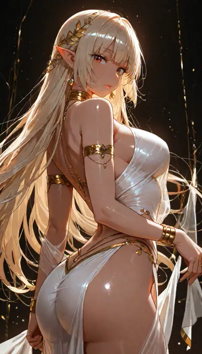 (Glossy liner hentai style:1.8), Masterpiece, ultra high quality, high resolution, hyper detailed, low brightness, dark shadow, rich shadow tones, high contrast, (simple dark background), 2D anime illustration, delicate and fine line works, backlighting, smooth quality, a female elf dancer, perfect anatomy, side view, looking at viewer, slender, (toned:.7), (feminine muscle:.9), delicate and beautiful hand pose, small slender shoulders, perky turned up chest, narrow waist, small hips, detailed hair, silky straight long platinum blonde, hair hangs on back, detailed face, no makeup, pretty face, detailed eyes, exquisite gold accessories, wearing translucent white silk fabric with gold thread decoration, <lora:add-detail-xl:1.2>, <lora:attractive_notrigger:1.2>, <lora:detailed_notrigger:1.2>, <lora:LCMTurboMix_Euler_A_fix:1.2>